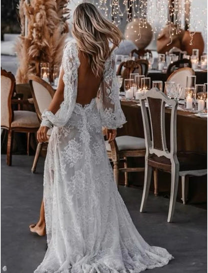 Beach Sexy Boho Wedding Dresses A-Line V Neck Long Sleeve Sweep / Brush Train Lace Outdoor Bridal Gowns With Appliques Split Front Summer Fall Wedding Party