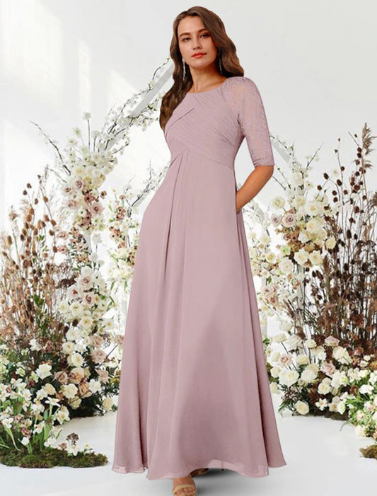 A-Line Evening Gown Elegant Dress Wedding Guest Floor Length Half Sleeve Jewel Neck Chiffon with Pleats Ruched