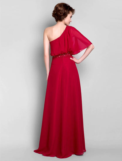 Sheath / Column Mother of the Bride Dress Elegant One Shoulder Floor Length Chiffon Half Sleeve with Beading Draping