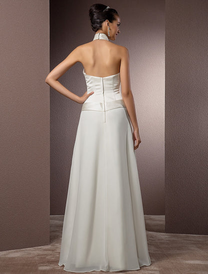 Hall Wedding Dresses Sheath / Column Halter Neck Sleeveless Floor Length Satin Bridal Gowns With Sash / Ribbon