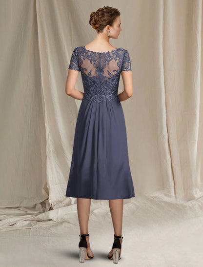 A-Line Mother of the Bride Dress Plus Size Elegant V Neck Tea Length Chiffon Lace Short Sleeve Wrap Included with Applique