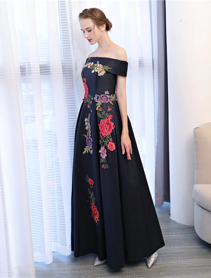 A-Line Floral Dress Wedding Guest Formal Evening Floor Length Sleeveless Off Shoulder Satin with Embroidery Appliques