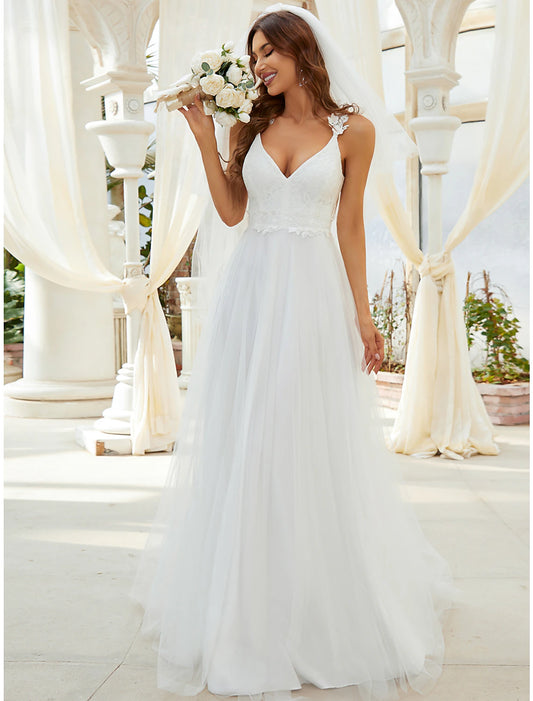 Reception Casual Wedding Dresses A-Line Sweetheart V Wire Regular Straps Sweep / Brush Train Tulle Bridal Gowns With Crystals Appliques