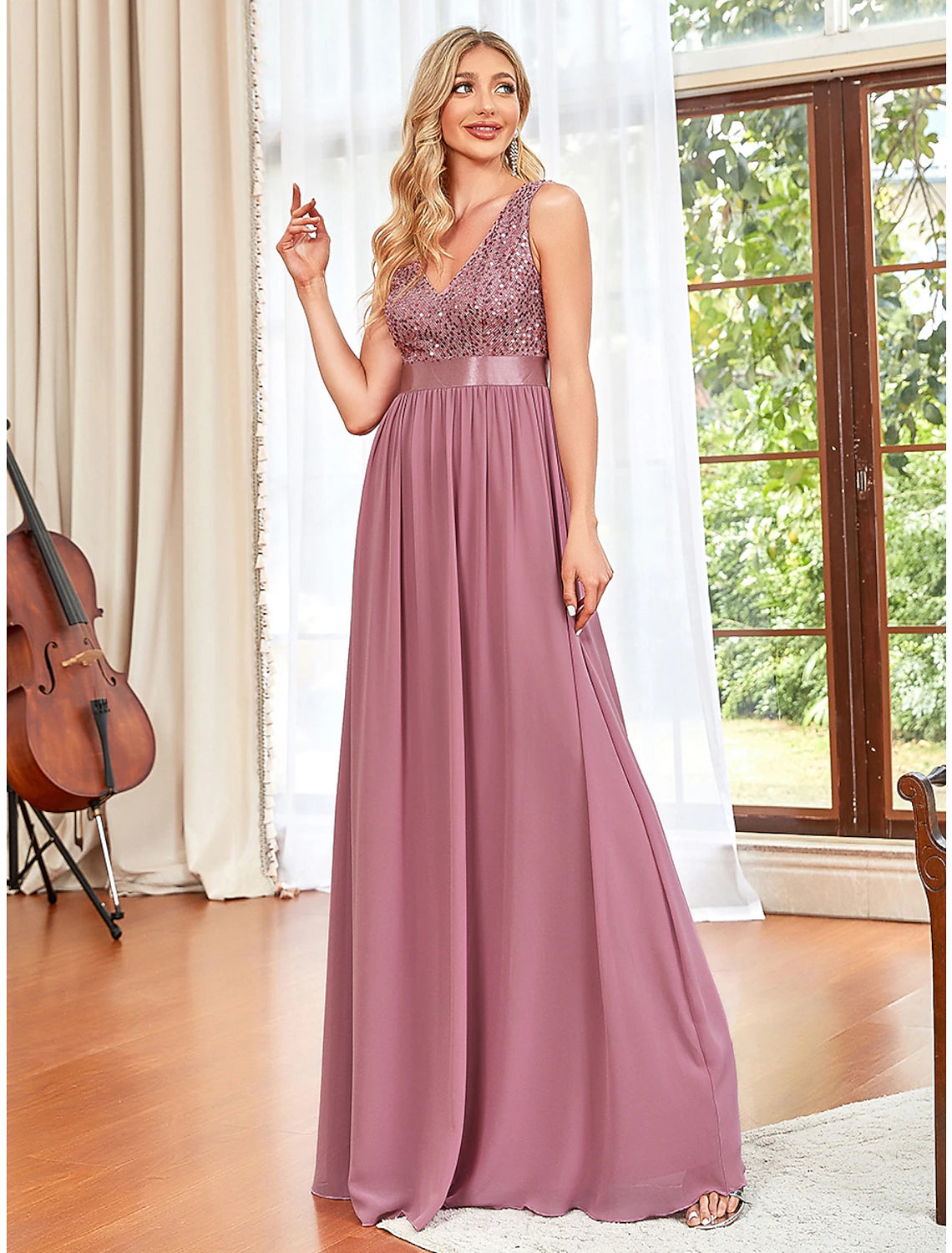 A-Line Prom Dresses Elegant Dress Wedding Guest Floor Length Sleeveless V Neck Chiffon V Back with Draping