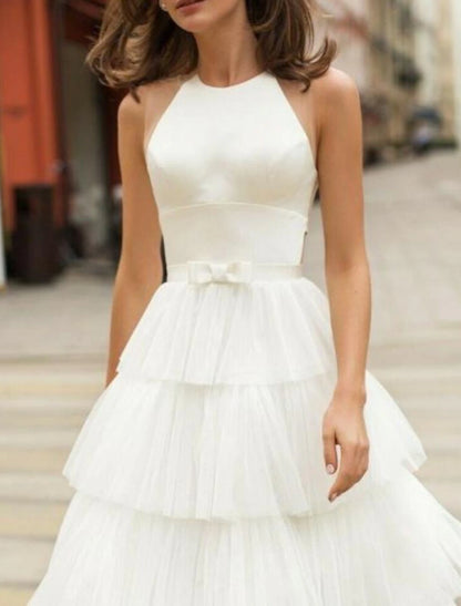 Beach Little White Dresses Wedding Dresses A-Line Scoop Neck Sleeveless Tea Length Satin Bridal Gowns With Bow(s)