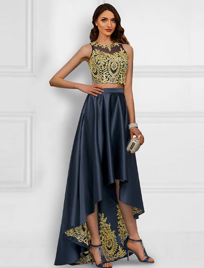 Two Piece Cocktail Dresses Sparkle & Shine Dress Prom Asymmetrical Sleeveless Jewel Neck Charmeuse with Appliques