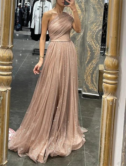 A-Line Evening Gown Glittering Dress Wedding Prom Court Train Sleeveless One Shoulder Tulle with Glitter Ruched Appliques