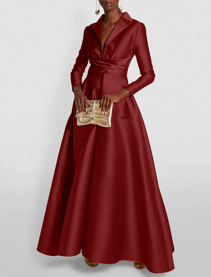 A-Line Evening Gown Elegant Red Green Dress Formal Wedding Guest Floor Length Long Sleeve Shirt Collar Satin with Ruched