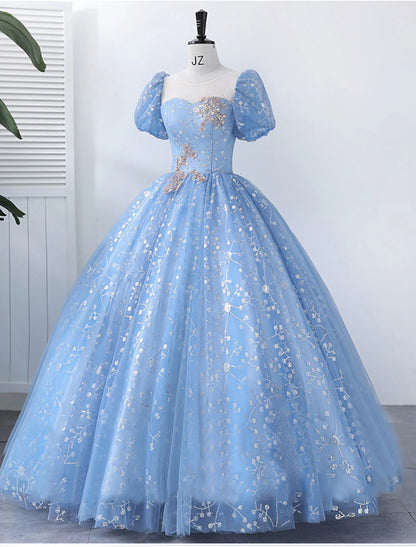 Ball Gown Quinceanera Dresses Princess Dress Performance Floor Length Short Sleeve Square Neck Polyester with Pearls Appliques