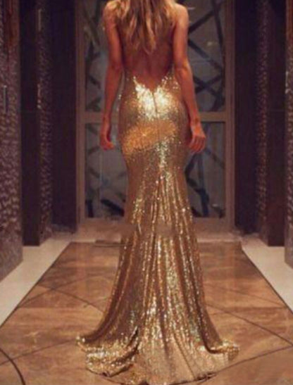 Mermaid / Trumpet Evening Gown Sparkle Dress Engagement Prom Sweep / Brush Train Sleeveless V Neck Sequined with Sequin