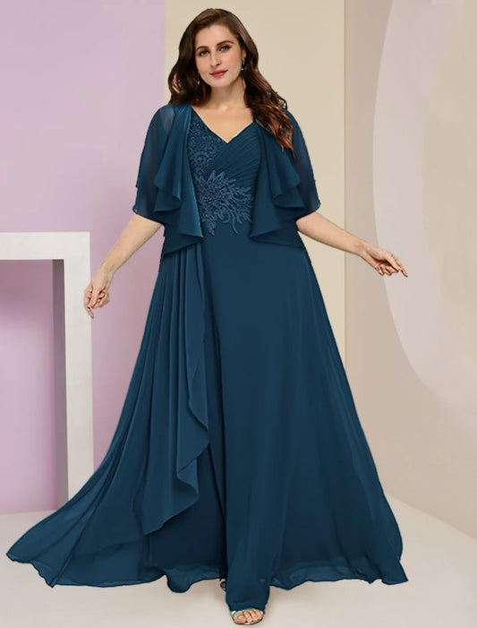 Two Piece A-Line Mother of the Bride Dress Formal Wedding Guest Plus Size Hide Belly Elegant V Neck Floor Length Chiffon Lace Sleeveless with Ruched Appliques