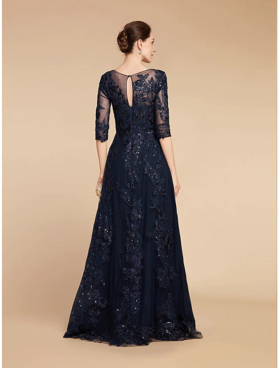 A-Line Mother of the Bride Dress Formal Wedding Guest Elegant Party Scoop Neck Floor Length Chiffon Lace 3/4 Length Sleeve with Sequin Applique