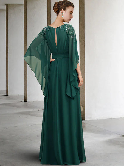 A-Line Mother of the Bride Dress Luxurious Elegant Jewel Neck Floor Length Chiffon Half Sleeve with Sash / Ribbon Beading