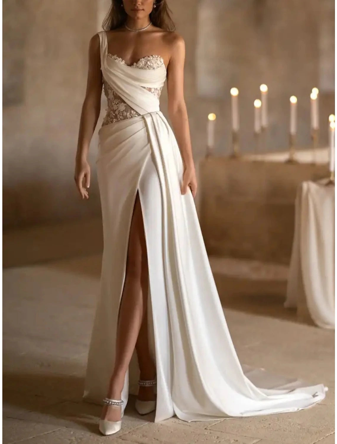 Hall Mature Wedding Dresses A-Line One Shoulder Sleeveless Court Train Satin Bridal Gowns With Pleats Appliques