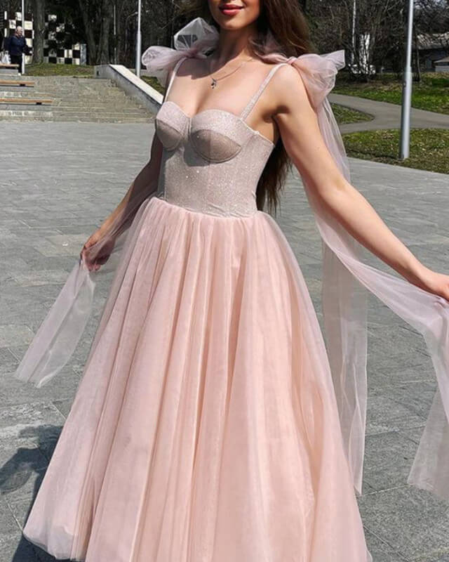 A-line Tulle Ankle Length Dress With Sparkly Corset Prom Dresses