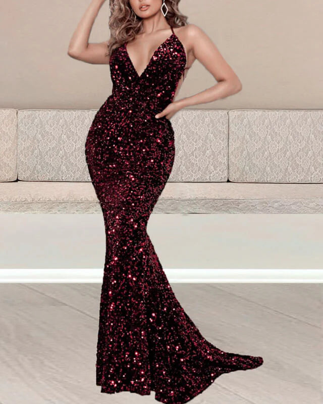 Mermaid Sequin Dress V-neck Cross Back Prom Dresses