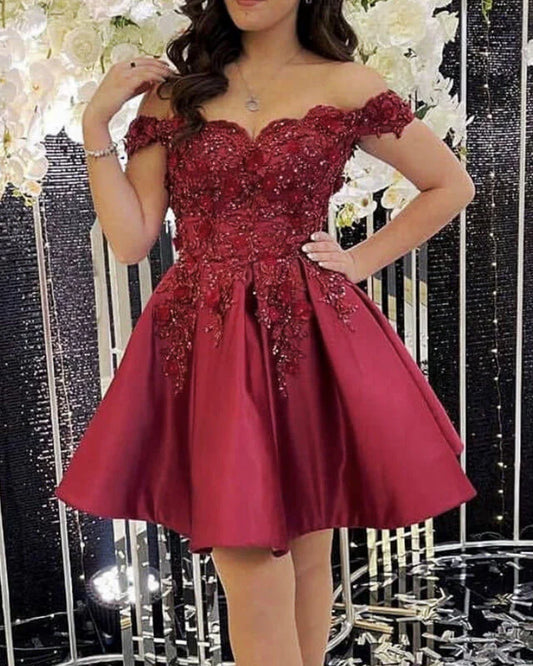 A-line Sexy Shoulder 3D Lace Flowers Prom Dresses Homecoming Dresses