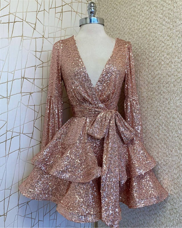 Sparkly Long Sleeve V-neck Sequin Prom Dresses