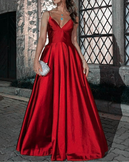 A-line V-neck Open Back Satin Prom Dresses