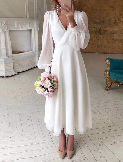 Bridal Shower Fall Wedding Dresses Little White Dresses Ankle Length A-Line Long Sleeve V Neck Chiffon With Solid Color Summer Bridal Gowns