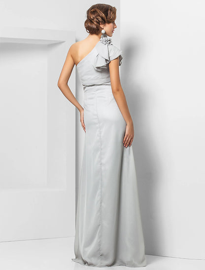 Sheath / Column Elegant Dress Wedding Guest Formal Evening Floor Length Sleeveless One Shoulder Bridesmaid Dress Chiffon with Sash / Ribbon Appliques