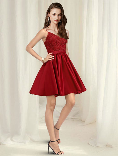 A-Line Cocktail Dresses Minimalist Dress Homecoming Short / Mini Sleeveless V Neck Satin with Pleats