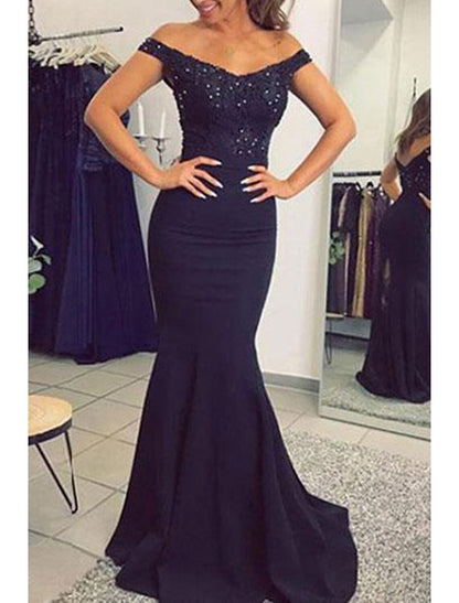 Mermaid / Trumpet Prom Dresses Sexy Dress Formal Court Train Sleeveless Off Shoulder Stretch Fabric V Back with Beading Appliques