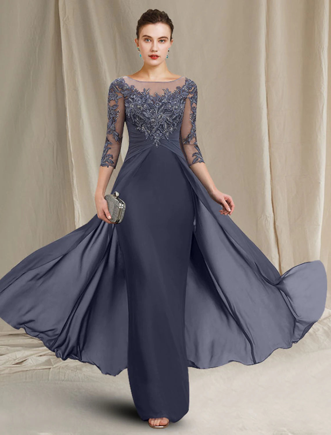 Sheath / Column Mother of the Bride Dress Elegant Jewel Neck Floor Length Chiffon Lace 3/4 Length Sleeve with Appliques