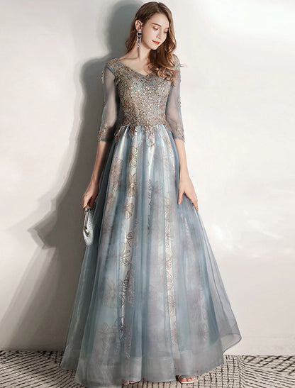 A-Line Prom Dresses Elegant Dress Engagement Floor Length Half Sleeve V Neck Tulle with Pleats Pattern / Print Appliques