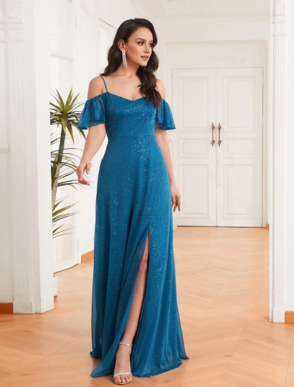 New Off Shoulder A-Line Side Split Sparkle Chiffon Bridesmaid Dress Adjustable Spaghetti Strap Ruffle Plus Size Evening Dress