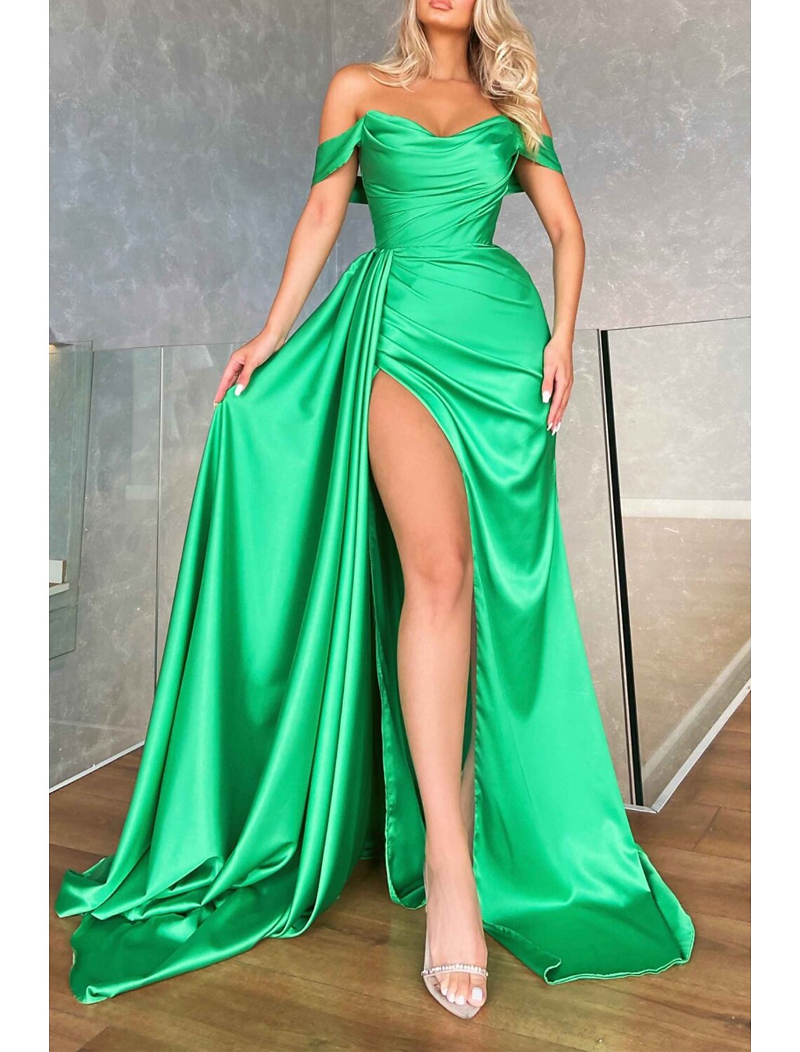 Mermaid / Trumpet Prom Dresses Empire Dress Formal Prom Sweep / Brush Train Sleeveless Off Shoulder Imitation Silk Backless with Ruched Slit