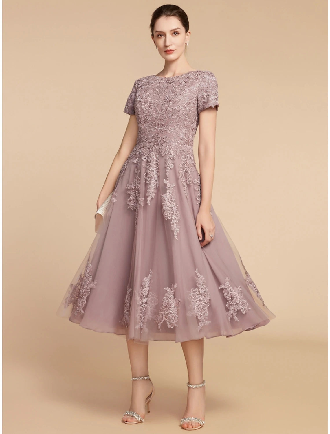 A-Line Mother of the Bride Dress Elegant Scoop Neck Floor Length Lace Tulle Short Sleeve with Pleats Appliques main image 1