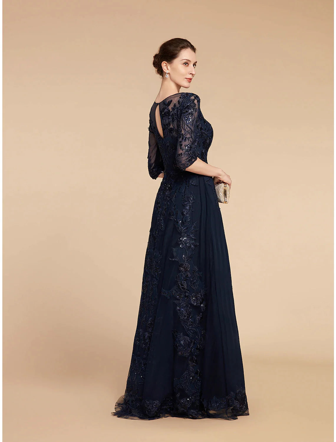 A-Line Mother of the Bride Dress Formal Wedding Guest Elegant Party Scoop Neck Floor Length Chiffon Lace 3/4 Length Sleeve with Sequin Applique