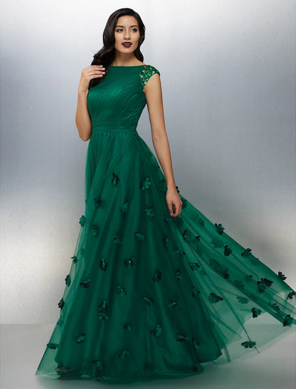 A-Line Floral Dress Wedding Guest Prom Floor Length Short Sleeve Boat Neck Tulle with Crystals Appliques