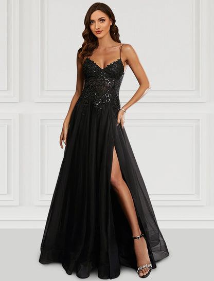 A-Line Prom Dresses Black Dress Party Wear Floor Length Sleeveless Spaghetti Strap Tulle with Glitter Slit