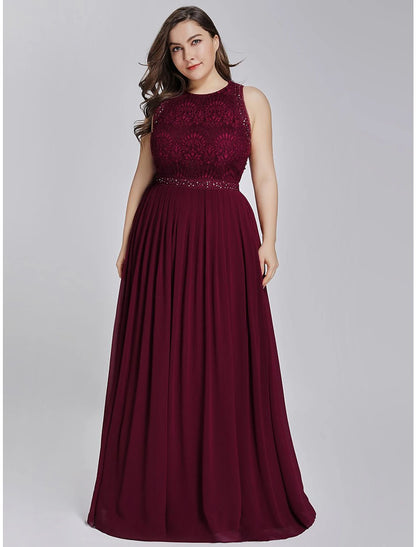 A-Line Prom Dresses Elegant & Luxurious Dress Wedding Guest Floor Length Sleeveless Jewel Neck Chiffon with Crystals