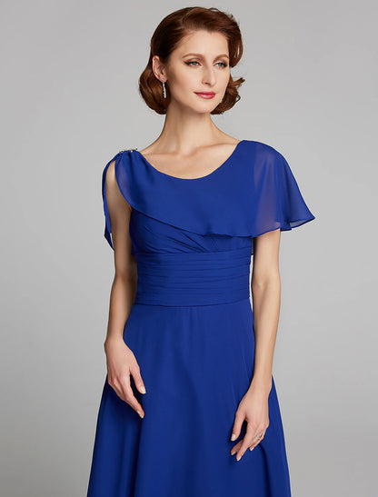 A-Line Mother of the Bride Dress Cowl Neck Knee Length Chiffon Short Sleeve with Ruffles