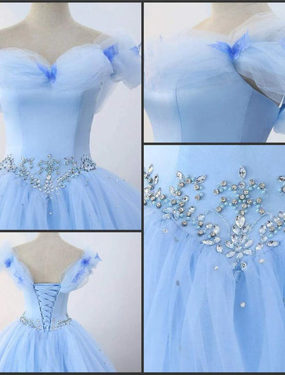 Ball Gown Prom Dresses Princess Dress Graduation Quinceanera Floor Length Sleeveless Off Shoulder Tulle with Pearls Beading Butterfly