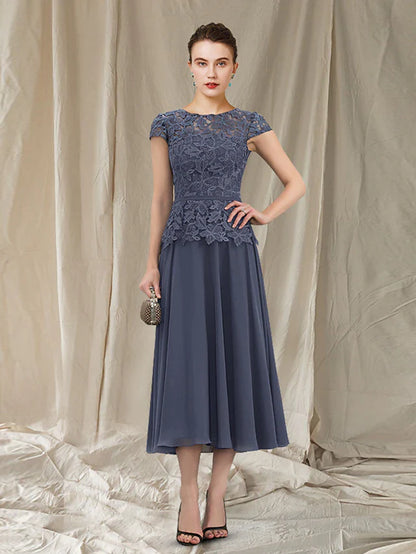 A-Line Mother of the Bride Dress Elegant Jewel Neck Tea Length Chiffon Lace Short Sleeve with Pleats Appliques