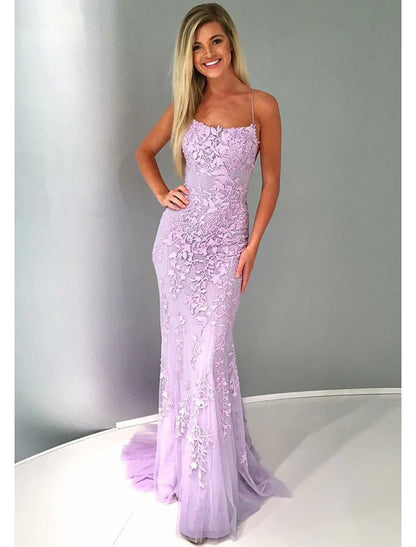 Mermaid / Trumpet Prom Dresses Open Back Dress Formal Prom Court Train Sleeveless Strapless Lace Backless with Appliques