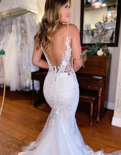 Mermaid Appliques V Neck Train Wedding Dress