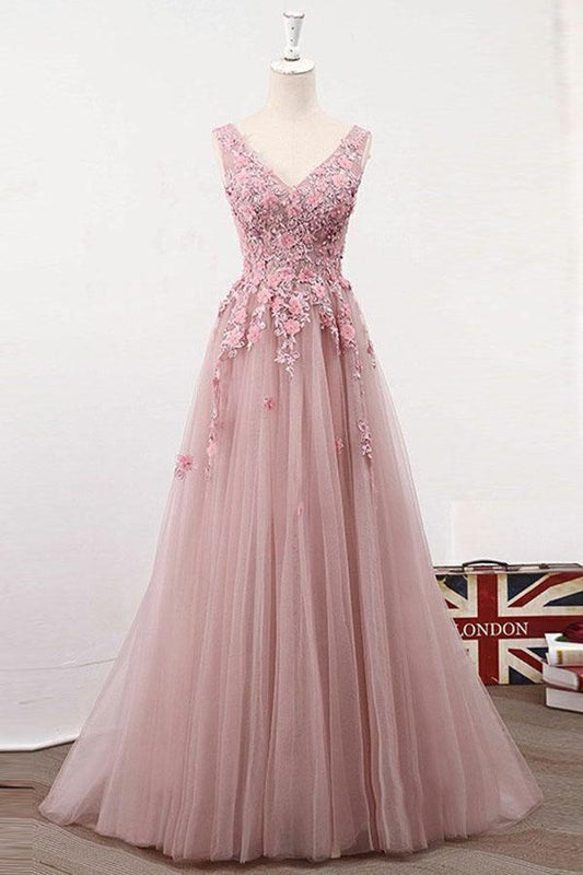 A-Line V-Neck Tulle Prom Evening Dress with Appliques Beading