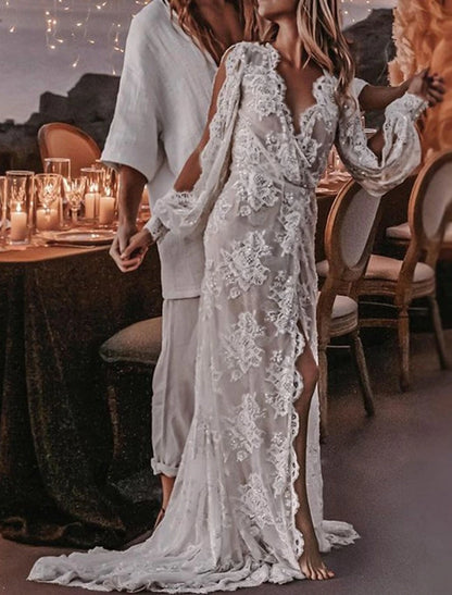 Beach Sexy Boho Wedding Dresses A-Line V Neck Long Sleeve Sweep / Brush Train Lace Bridal Gowns With Appliques Split Front Summer Fall Wedding Party