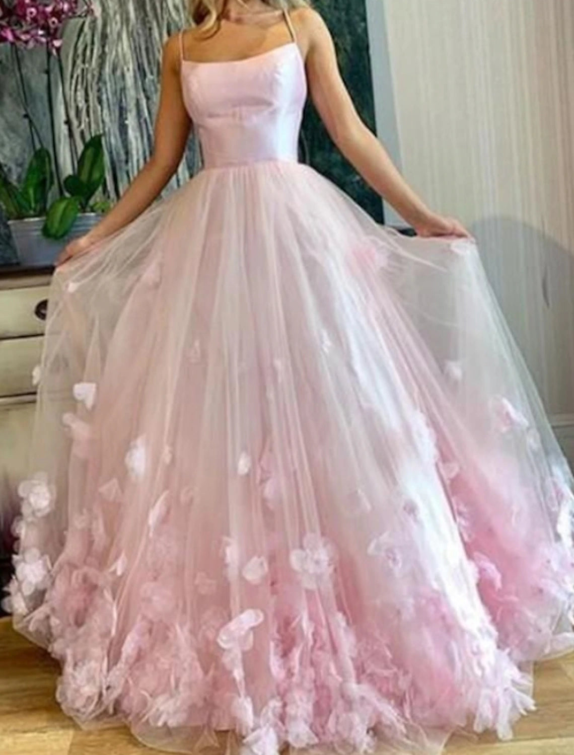 A-Line Prom Dresses Floral Dress Performance Sweet 16 Floor Length Sleeveless Spaghetti Strap Tulle with Pleats Appliques