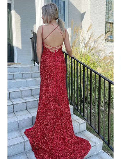 Mermaid / Trumpet Prom Dresses Hot Dress Formal Wedding Party Sweep / Brush Train Sleeveless Spaghetti Strap Sequined Backless with Sequin Slit