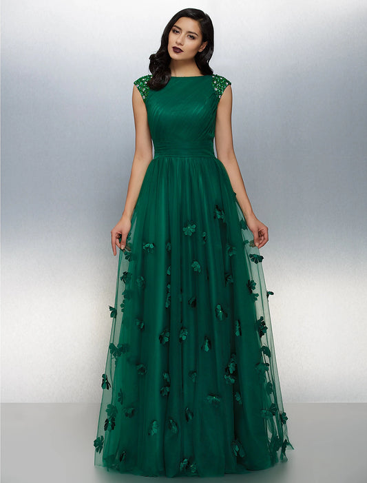 A-Line Floral Dress Wedding Guest Prom Floor Length Short Sleeve Boat Neck Tulle with Crystals Appliques