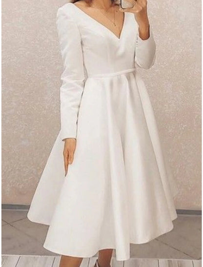 Little White Dresses Wedding Dresses A-Line V Neck Long Sleeve Tea Length Satin Bridal Gowns With Pleats Solid Color