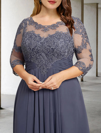 A-Line Plus Size Curve Mother of the Bride Dresses Elegant Dress Formal Asymmetrical 3/4 Length Sleeve Jewel Neck Chiffon with Pleats Ruched Appliques