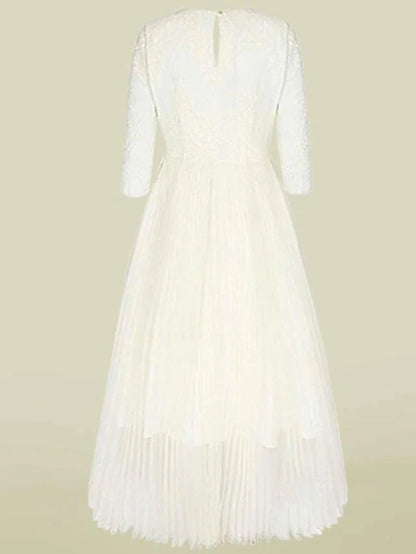 A-Line Mother of the Bride Dress Elegant Jewel Neck Tea Length Chiffon Lace Half Sleeve with Appliques