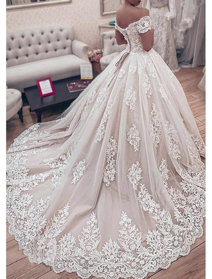 Engagement Formal Fall Wedding Dresses Ball Gown Off Shoulder Cap Sleeve Chapel Train Lace Bridal Gowns With Pleats Appliques